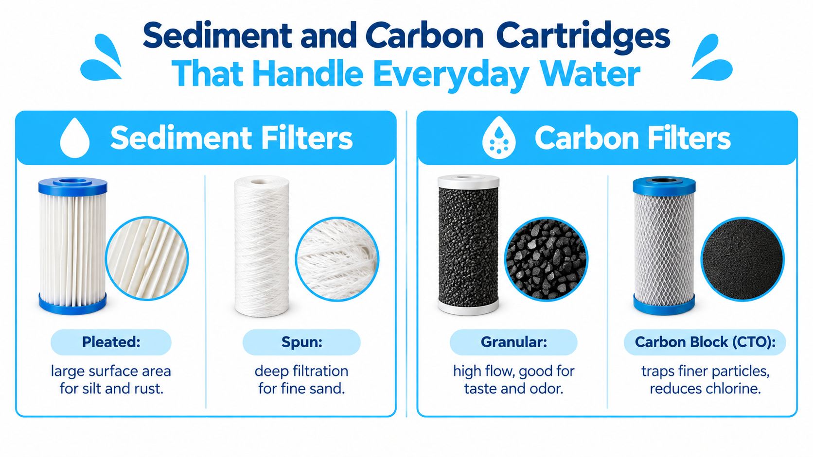 An infographic comparing different types of sediment and carbon water filter cartridges and their filtration purposes.