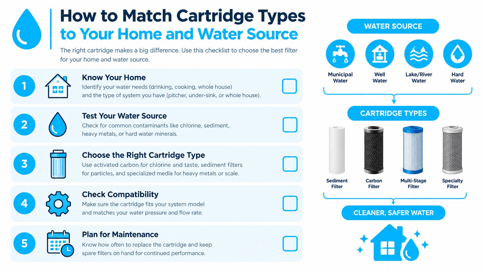 An infographic illustrating five steps for choosing and maintaining the correct water filter cartridge for home use.