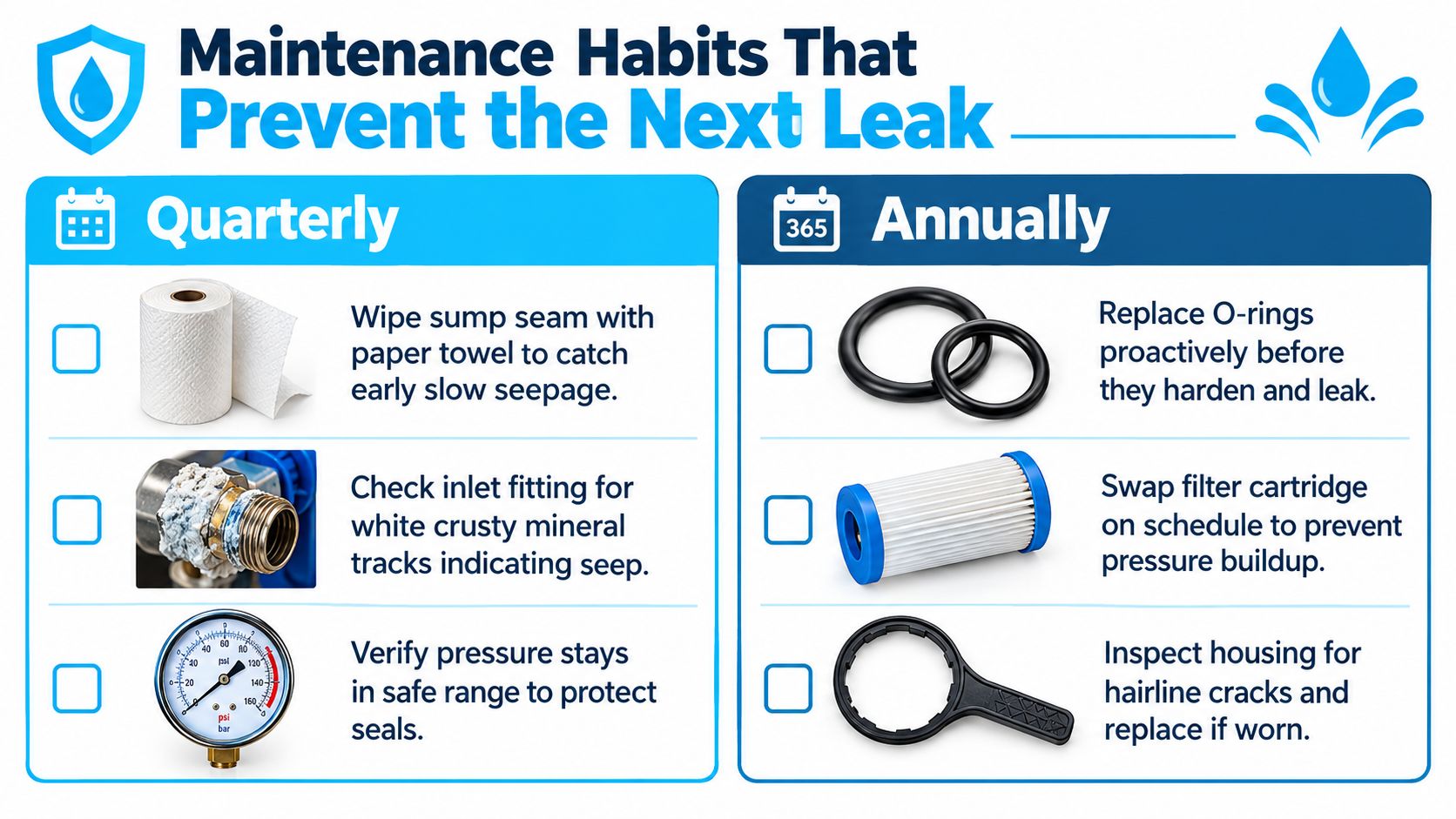 A checklist infographic titled Maintenance Habits That Prevent The Next Leak, illustrating quarterly and annual water maintenance tasks.
