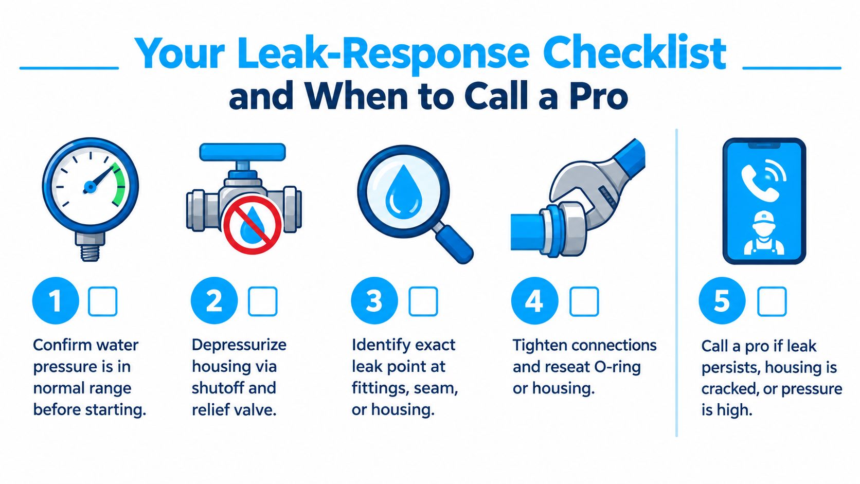 A five-step checklist illustrating how to identify and repair a home water filter leak safely.