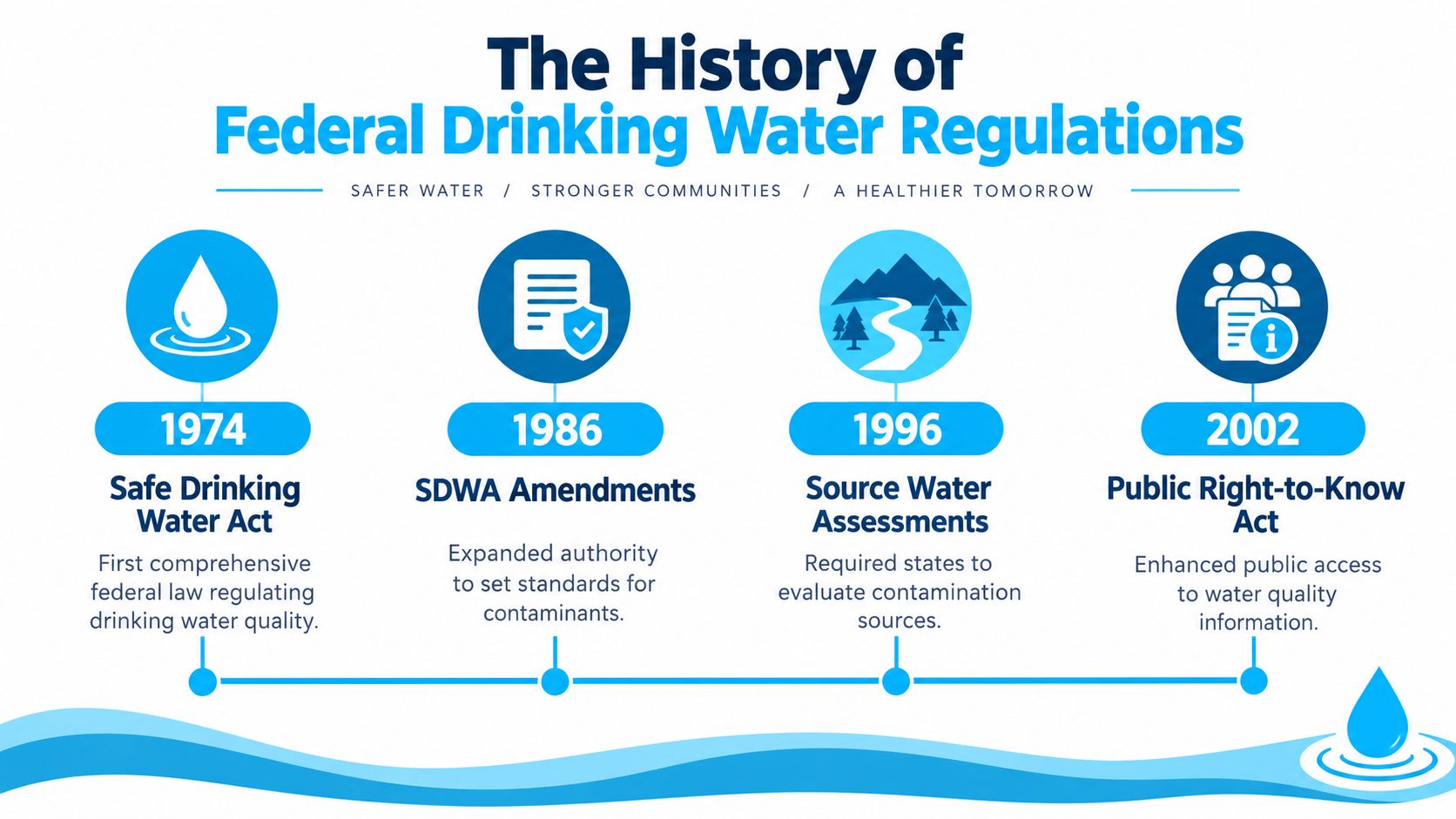 An infographic detailing the history of federal drinking water regulations from 1974 through 2002.