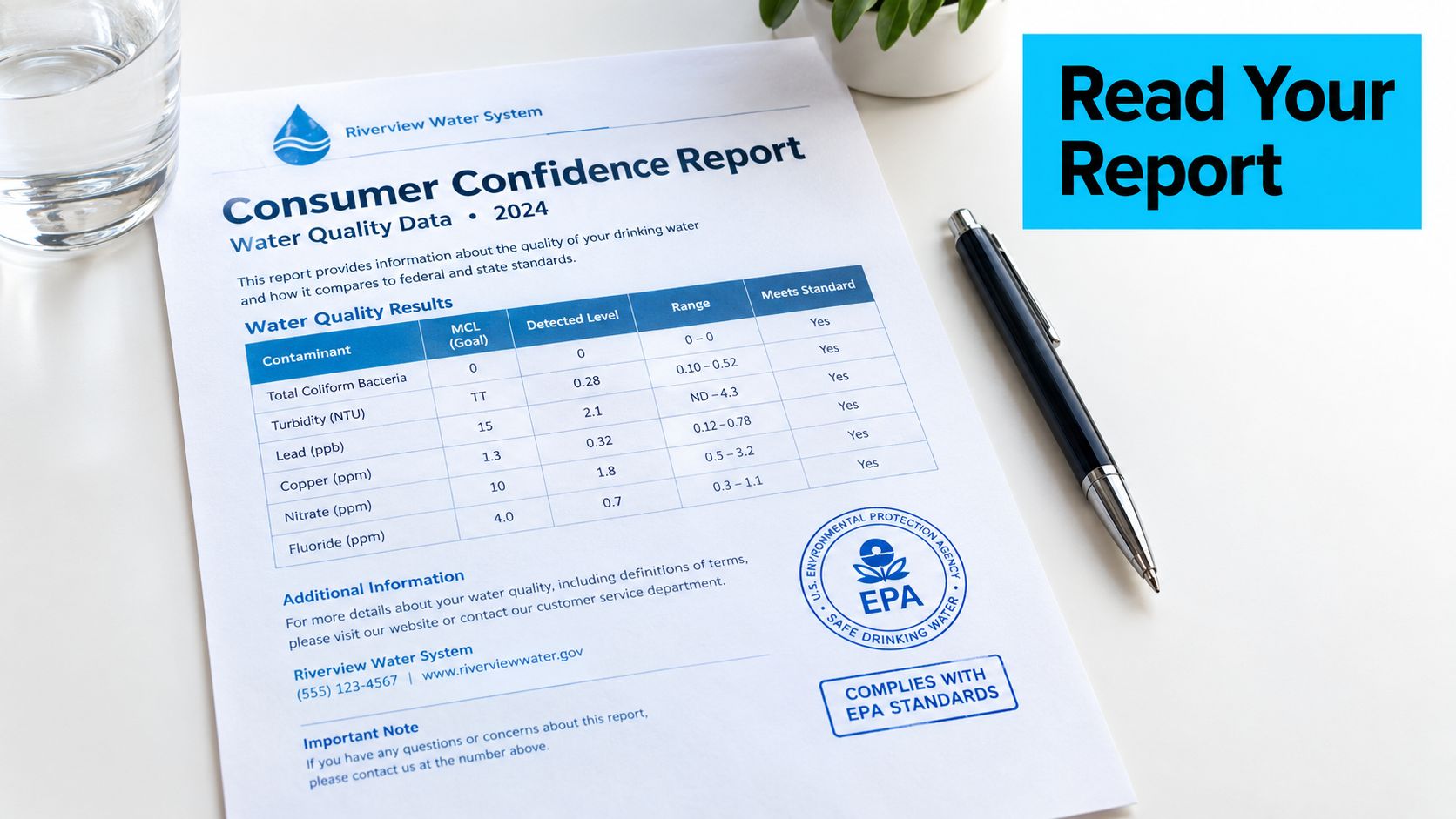 A printed Riverview Water System consumer confidence report on a white desk next to a pen.