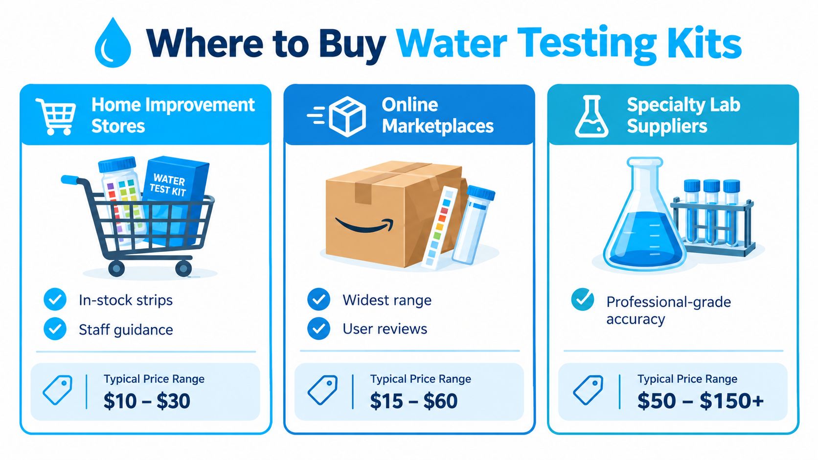 A comparison chart showing where to purchase water testing kits, including home stores, online marketplaces, and labs.