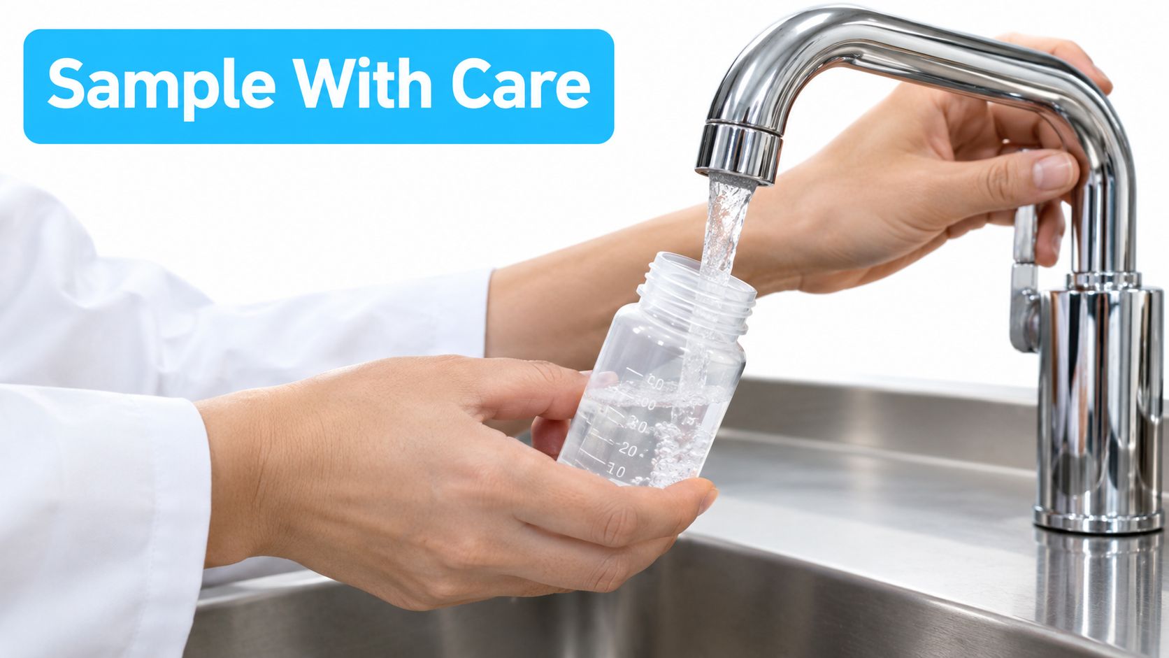 A person in a lab coat filling a plastic sample bottle with water from a metal faucet.