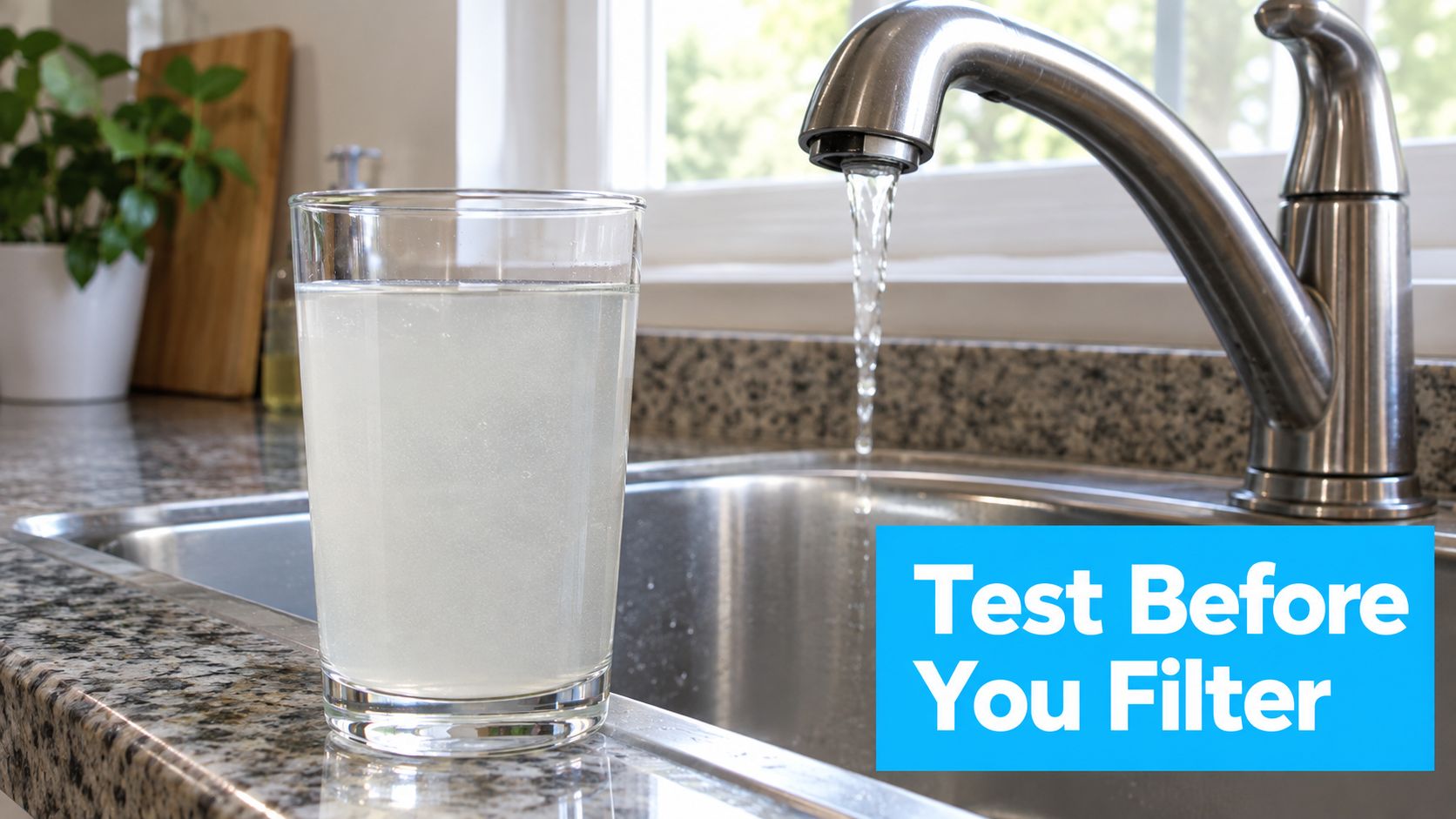 A glass of water sits on a granite kitchen counter next to a faucet running water.