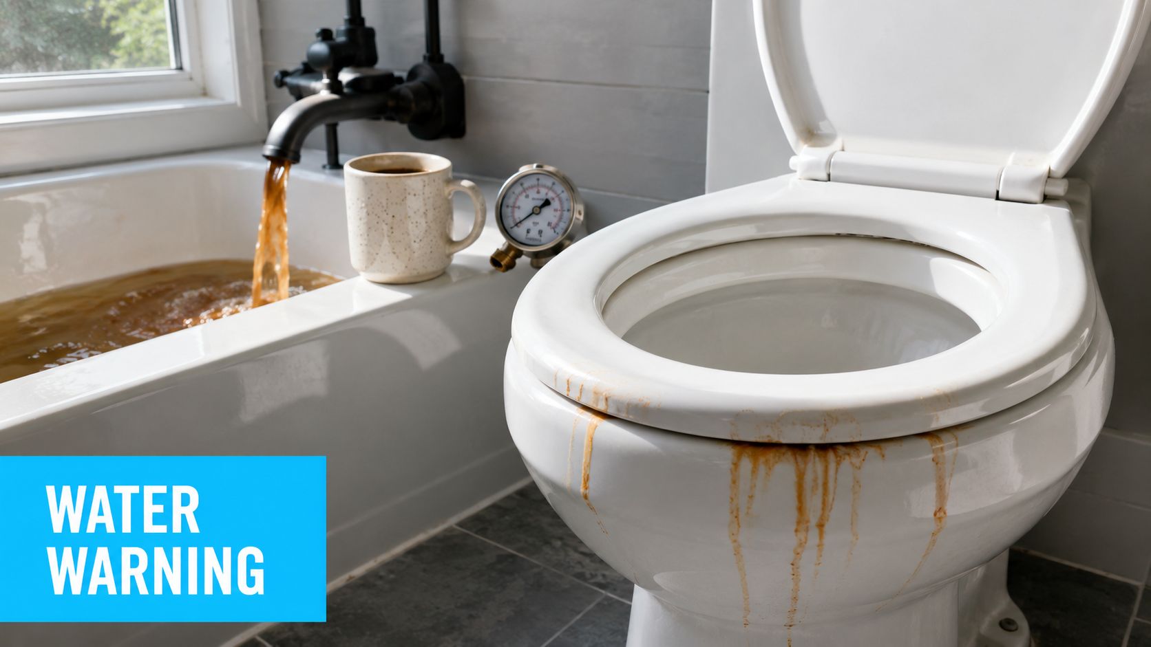 A bathroom tub and toilet filled with rusty, contaminated water indicating poor home water quality issues.