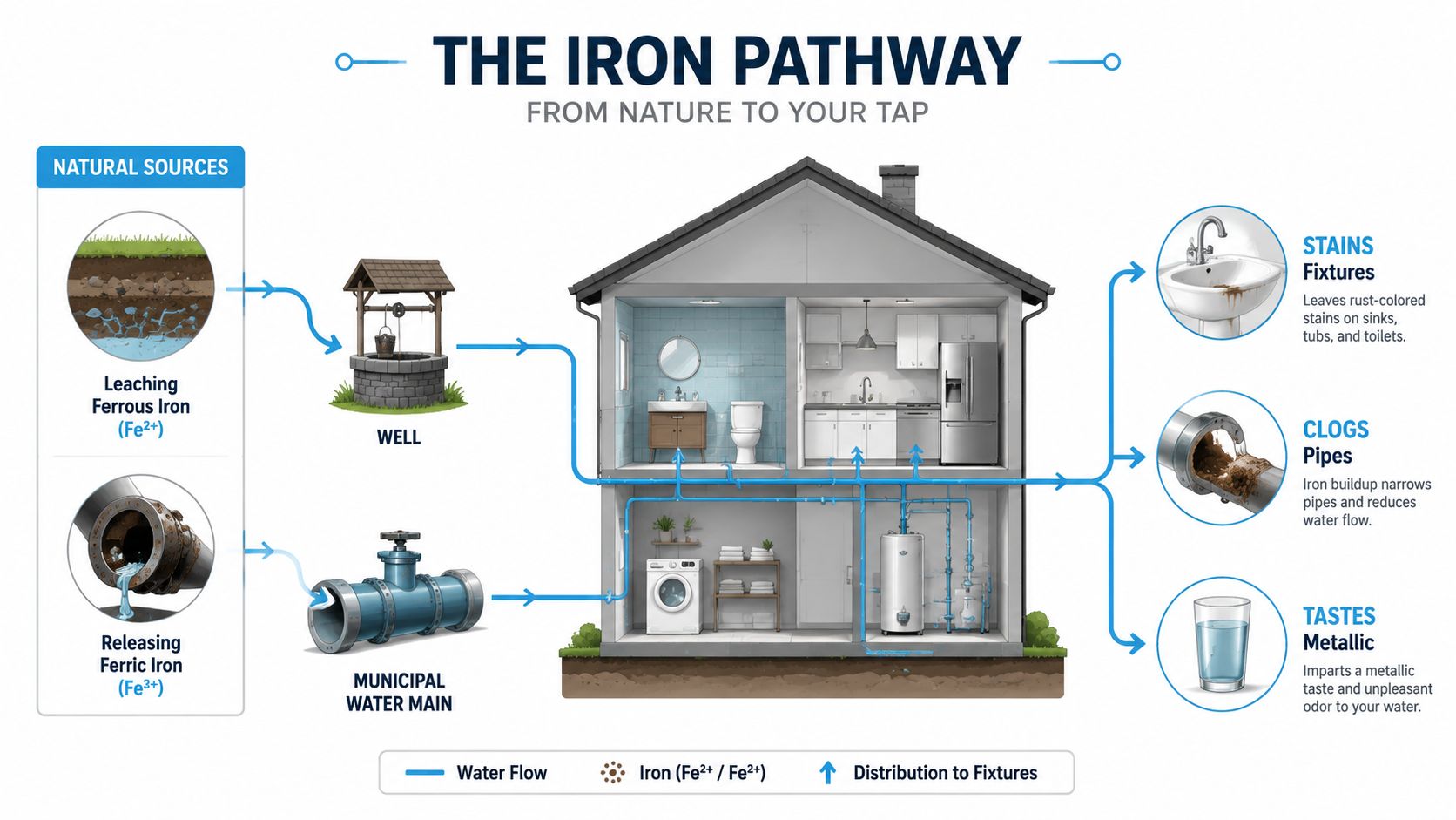 An infographic illustrating how iron from natural sources travels through water systems to cause household problems.