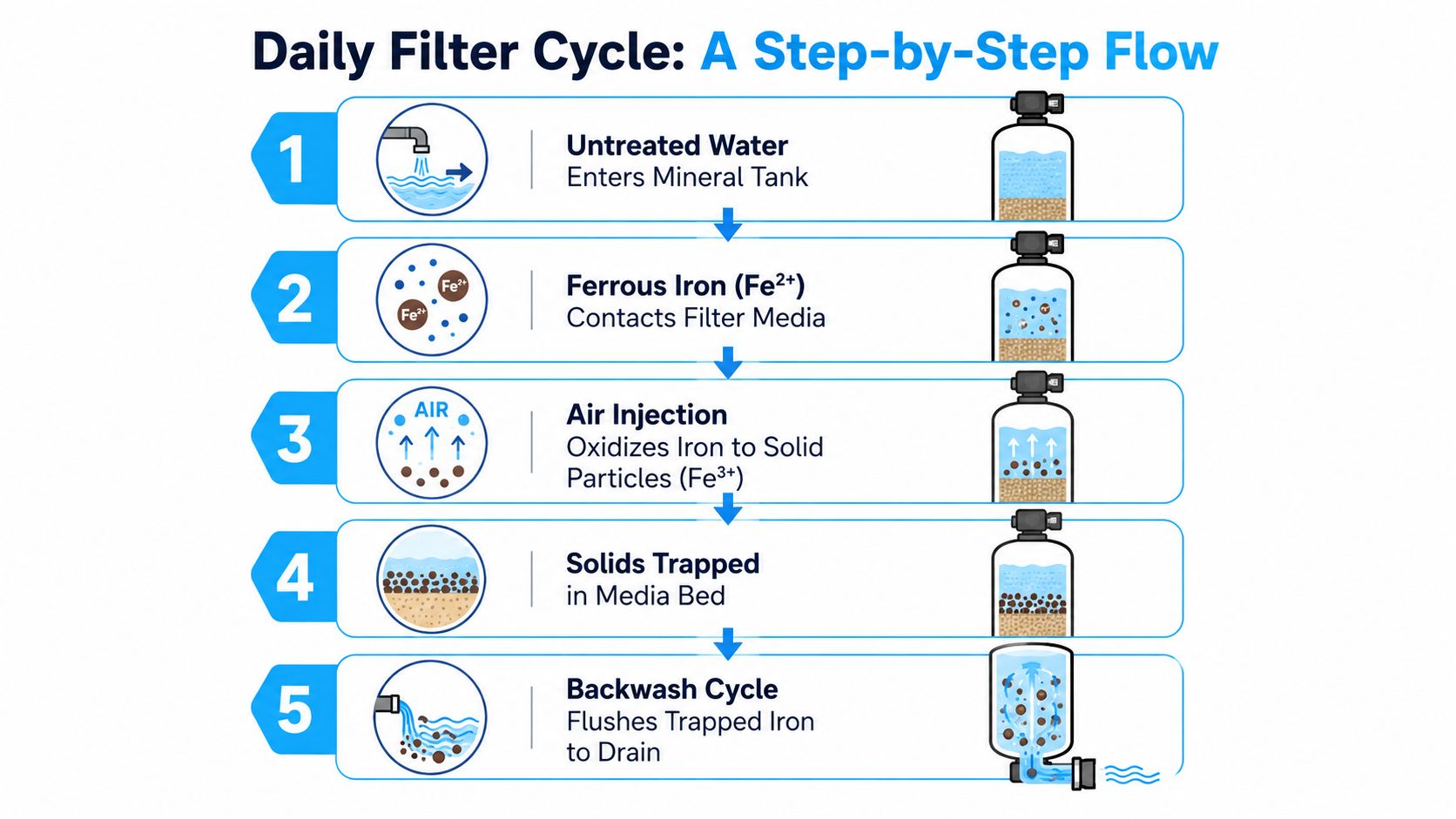 A diagram illustrating the five-step daily cycle of a whole house iron filter system water filtration process.