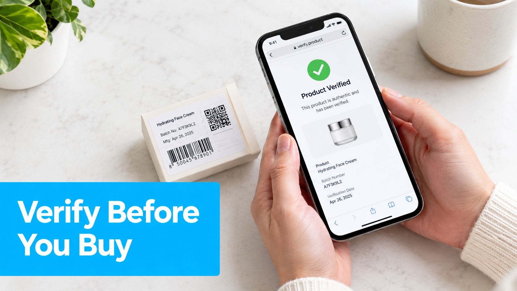 A person holds a smartphone showing a product verification screen next to a face cream box.