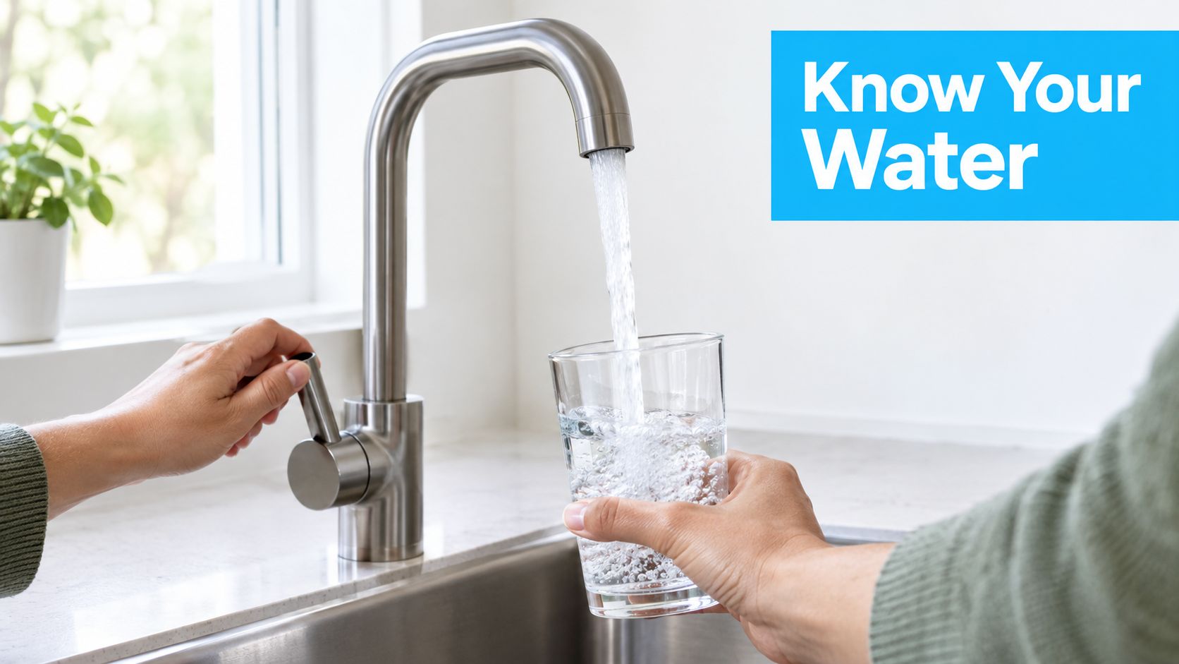 A person pouring fresh, clear water into a glass from a modern stainless steel kitchen faucet.