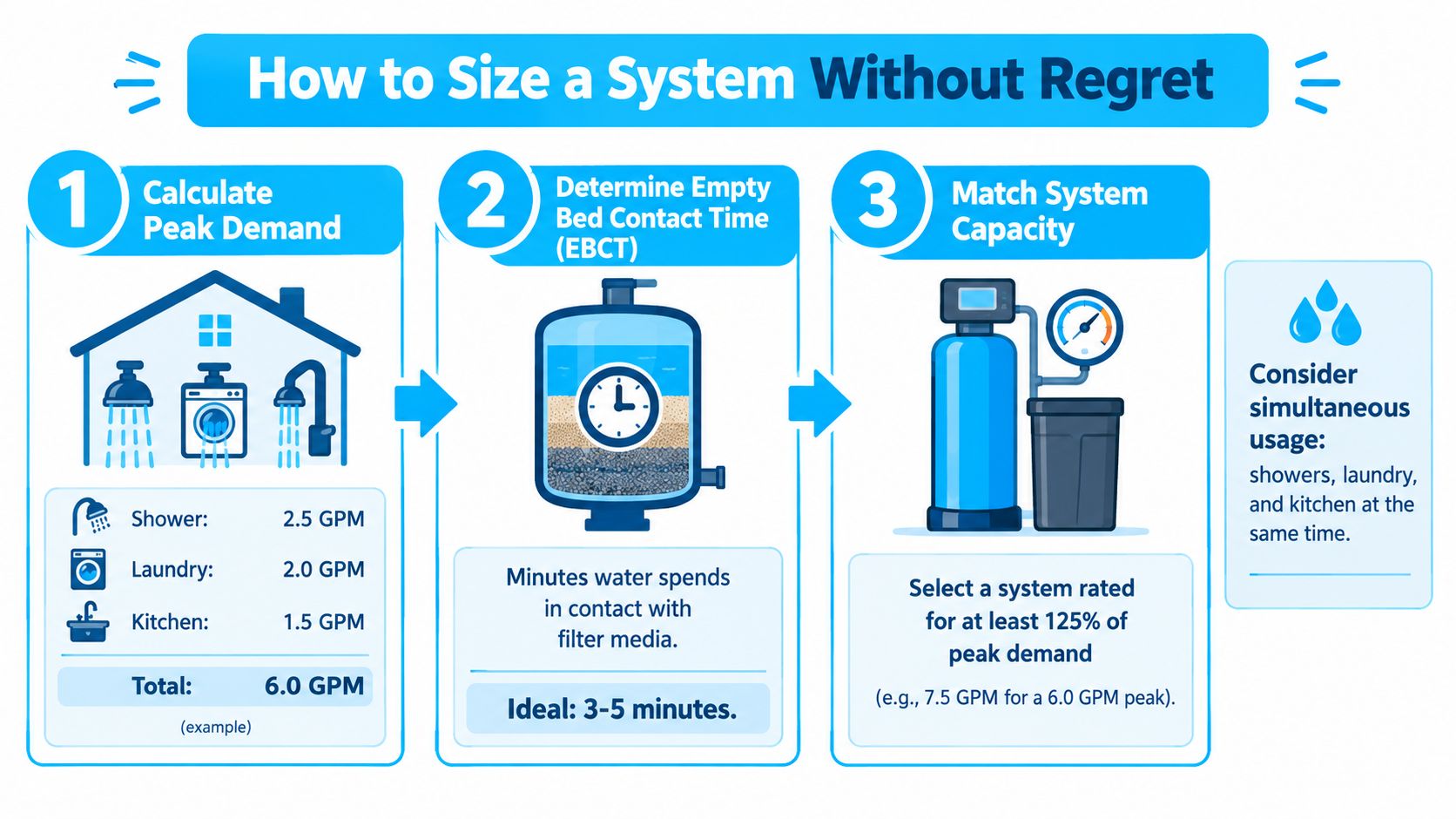 An infographic showing a three-step guide for sizing a whole house water purification system correctly.