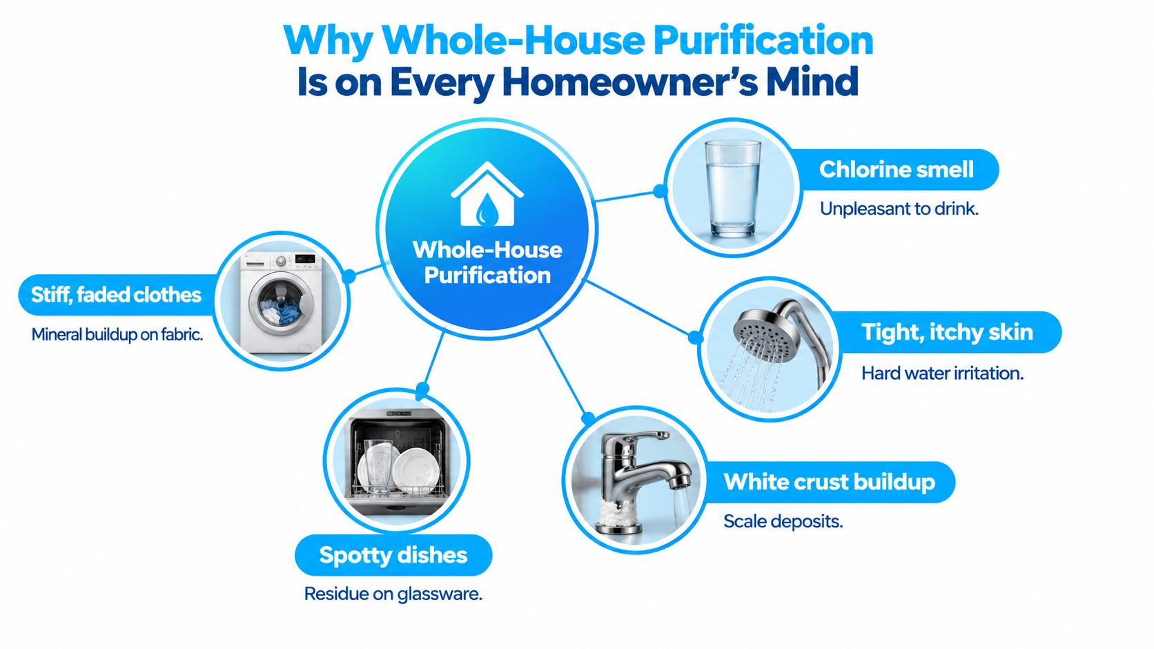 An infographic showing common home water problems addressed by a whole-house water purification system.