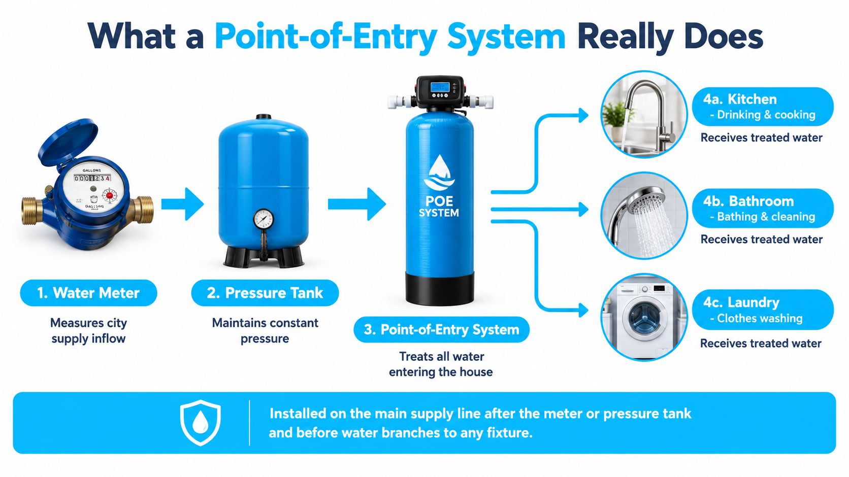 A diagram illustrating how a whole-house point-of-entry water system treats water before reaching household fixtures.