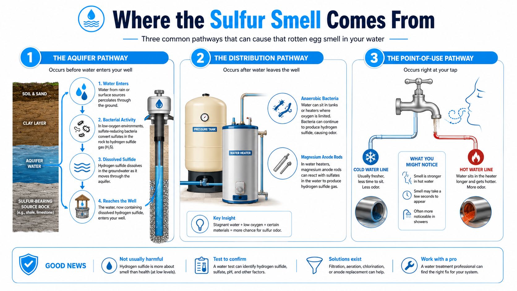 An infographic showing three pathways that cause sulfur smell in well water: aquifer, distribution, and point-of-use.