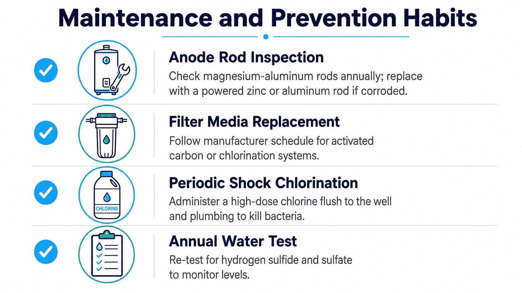 An infographic showing maintenance and prevention habits for treating sulfurous well water, including inspection and filtration.