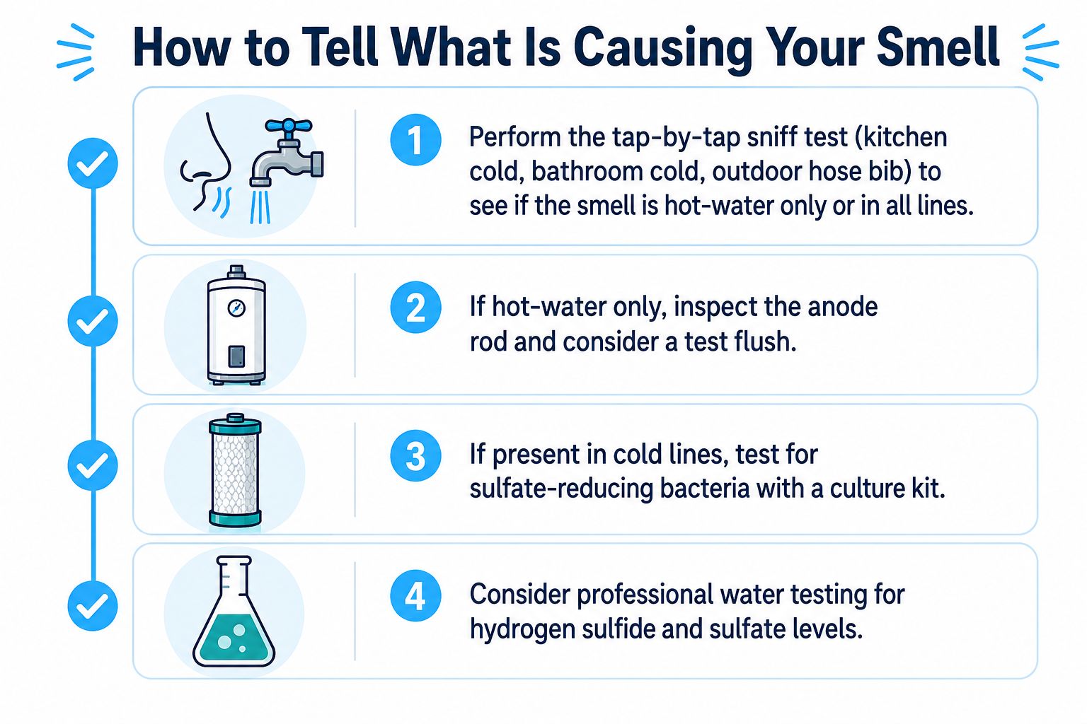 A four-step infographic illustrating how to identify the cause of smells in your home's water supply.