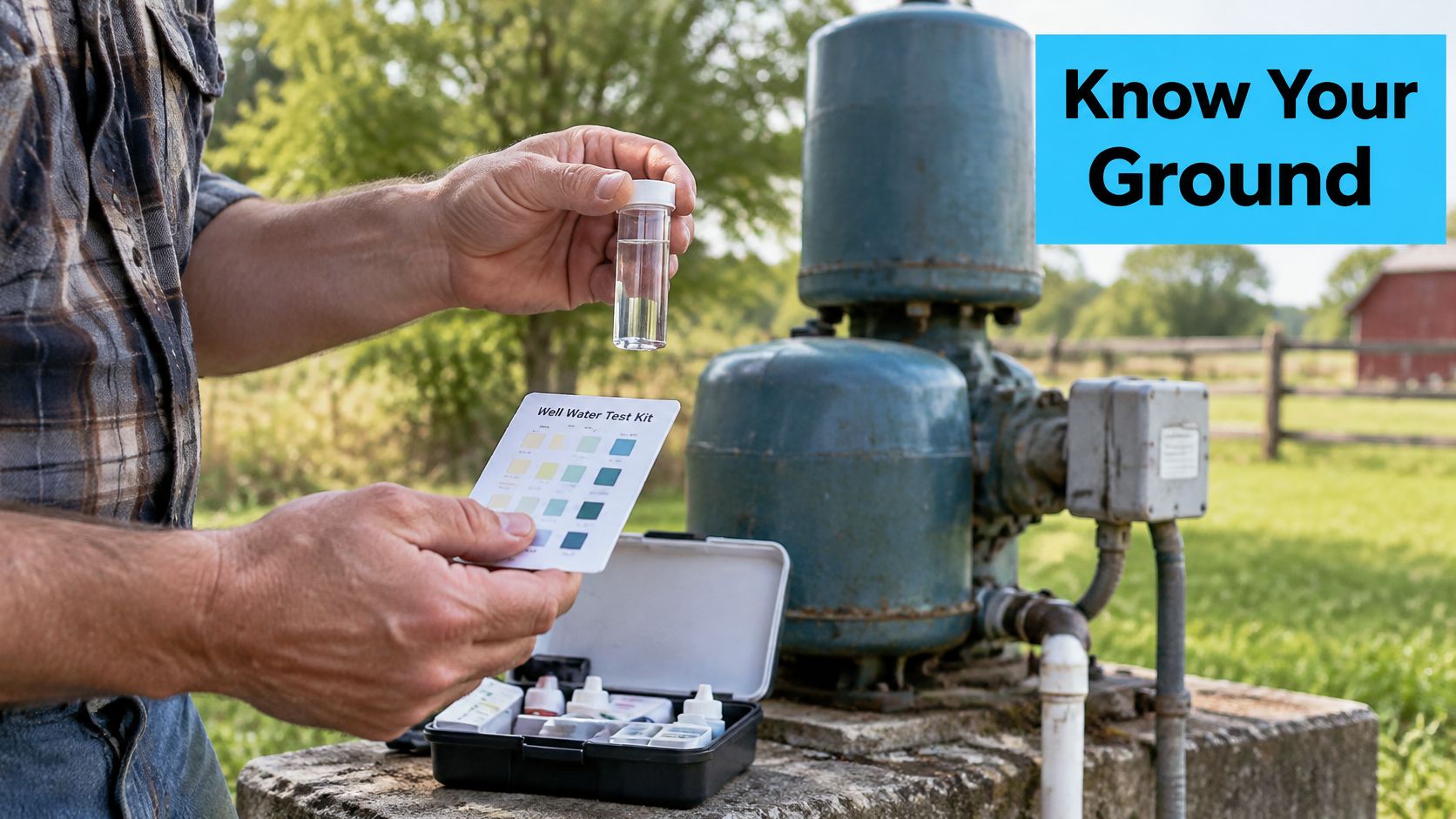 A person holding a well water test kit vial and color chart outdoors near a water pump.