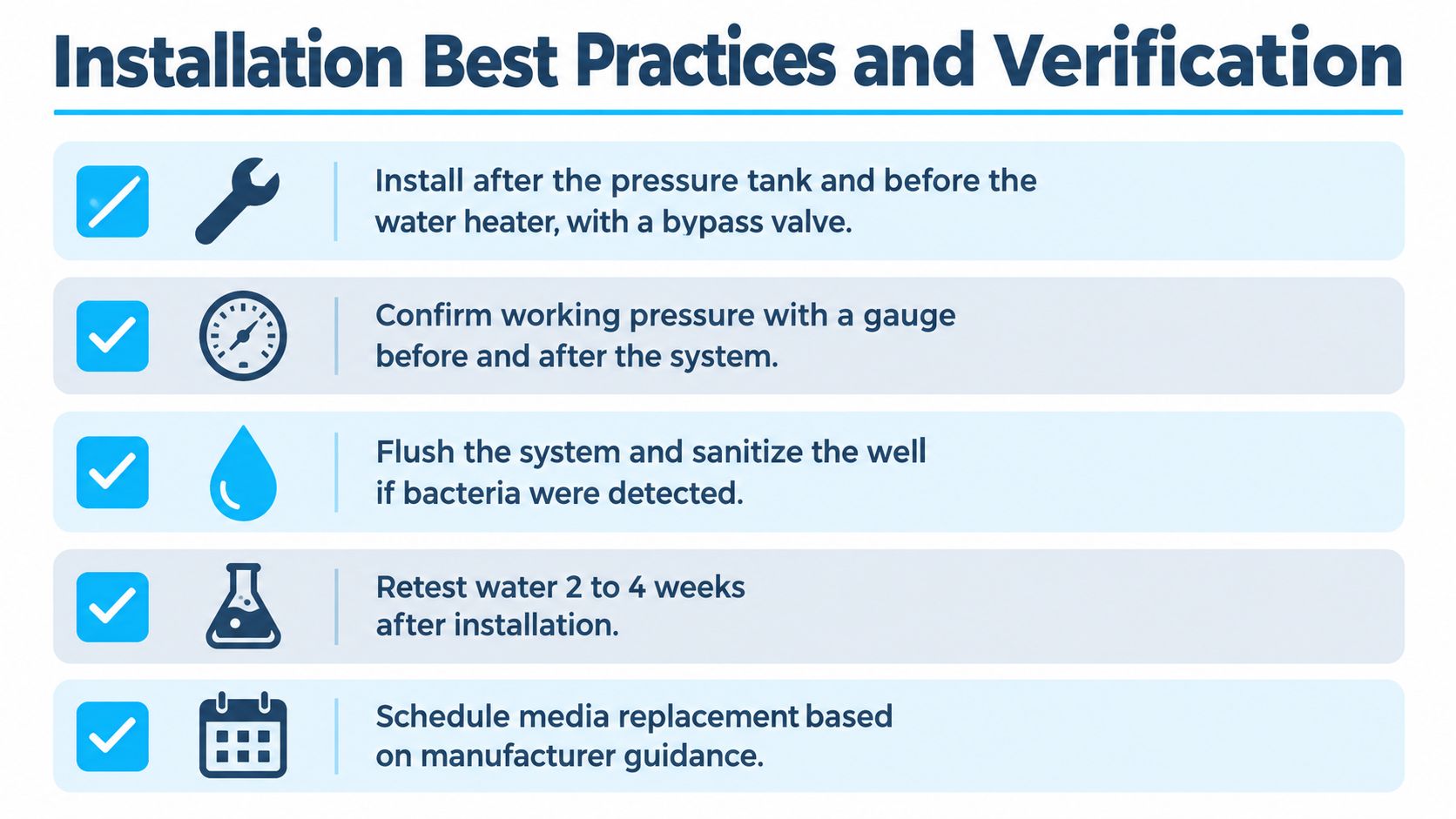 A checklist infographic outlining five essential steps for installing and maintaining a home water filtration system.