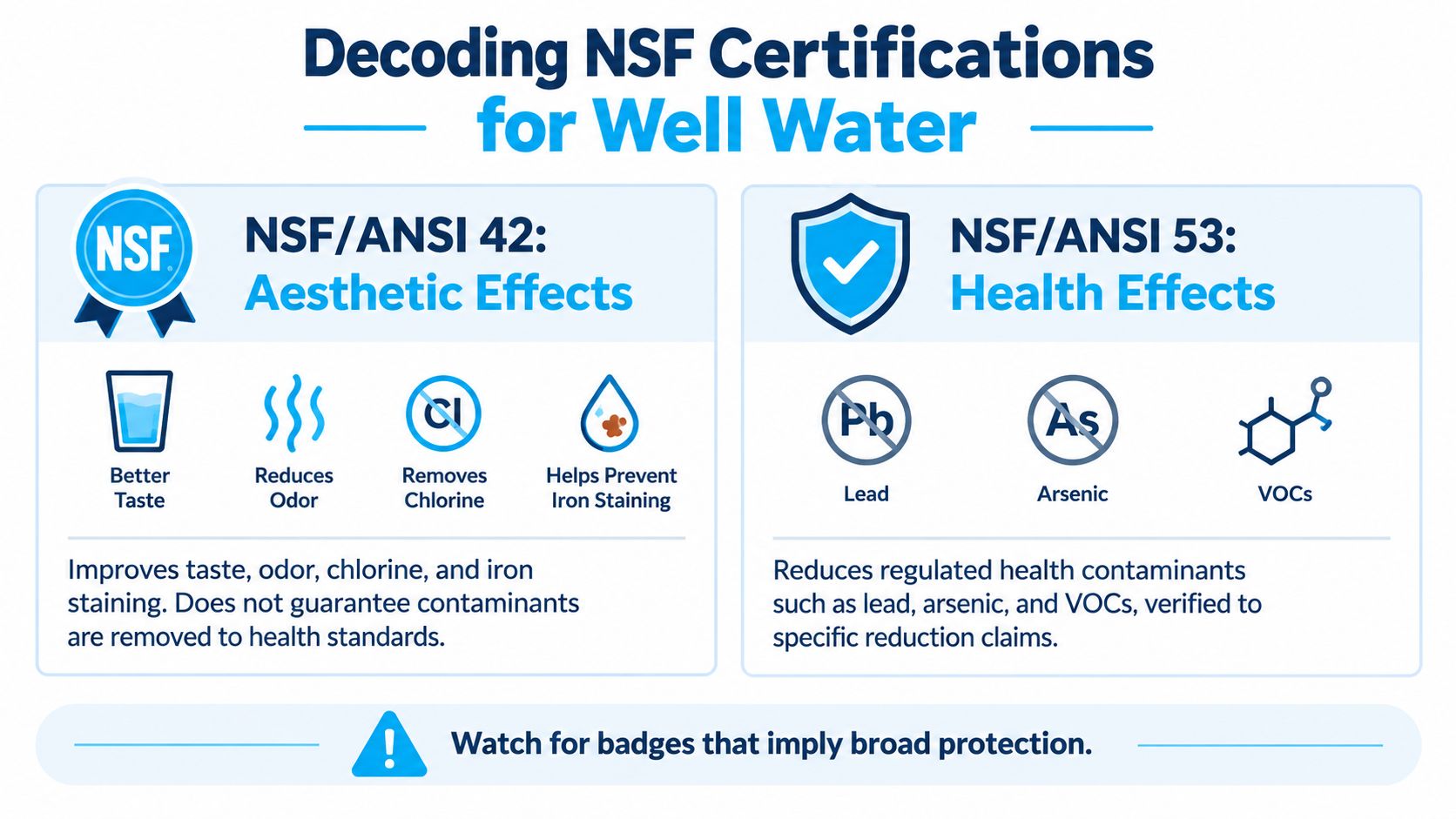 An infographic explaining NSF 42 and 53 water filter certifications regarding aesthetic and health effects for well water.