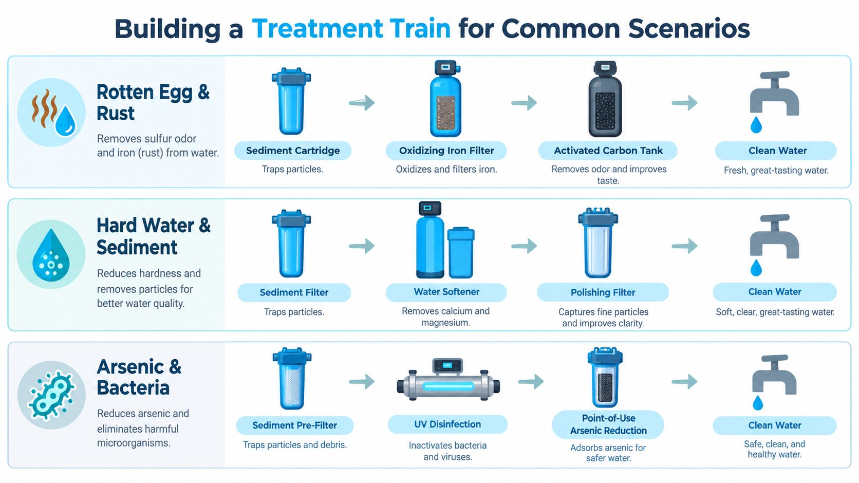 A diagram illustrating three different water treatment trains for addressing common well water contamination issues like sediment, odors, and bacteria.