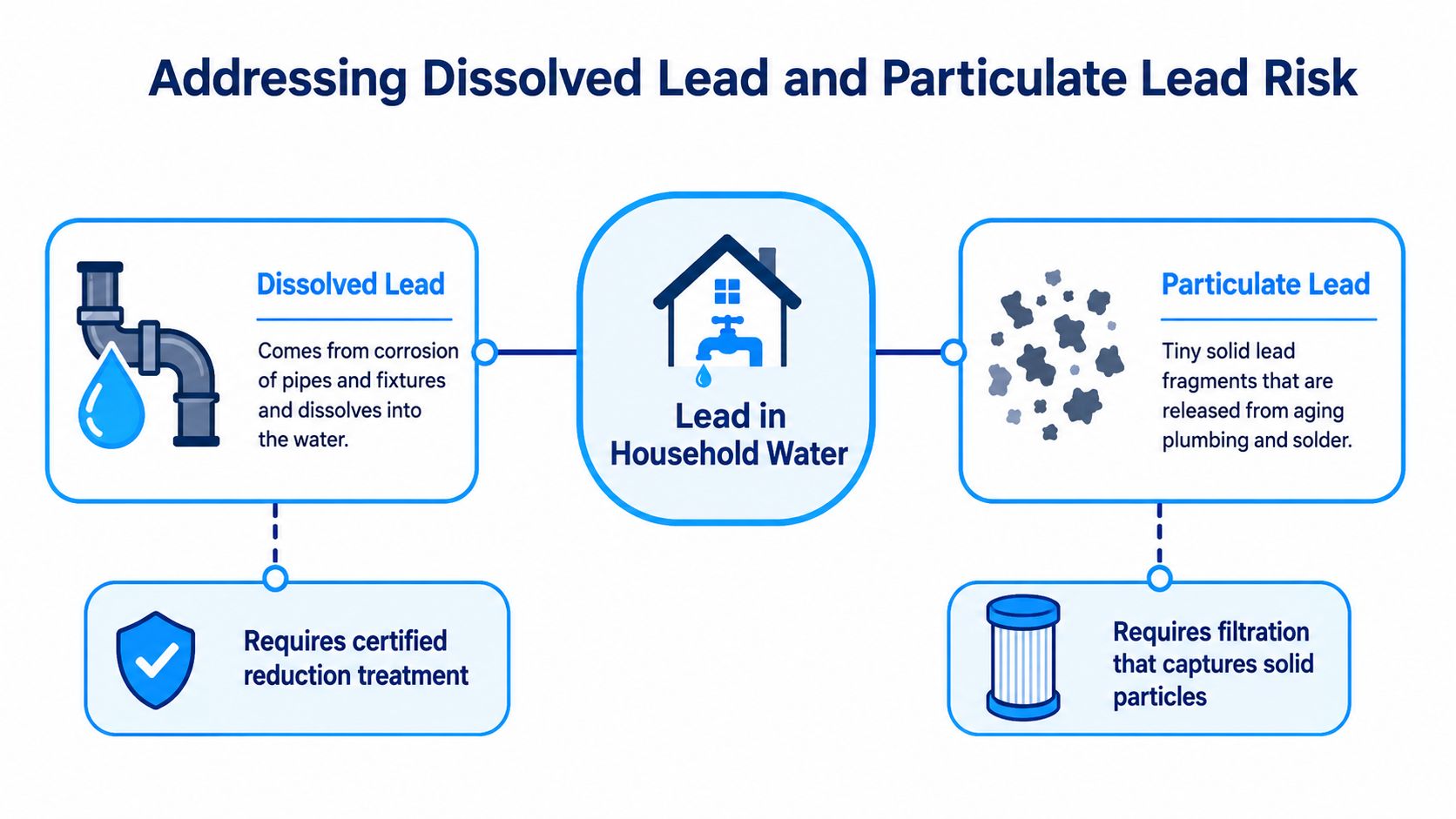 An infographic showing the two types of lead in household water and their respective treatment methods.