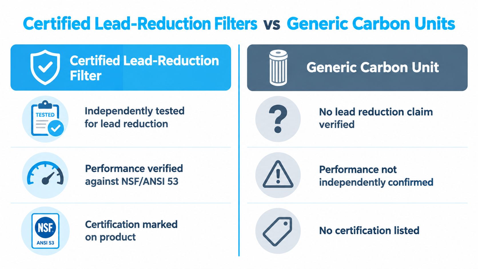 A comparison chart showing the differences between certified lead-reduction filters and generic carbon water filter units.
