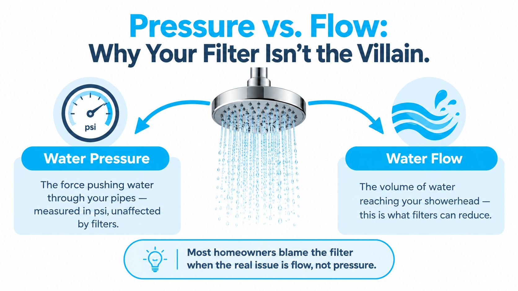 An infographic explaining the difference between water pressure and water flow regarding shower head filter performance.