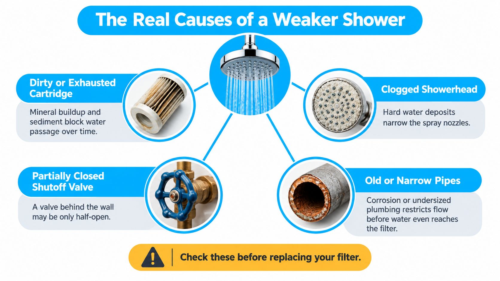 An infographic showing four common causes of low shower water pressure including clogged heads and old pipes.