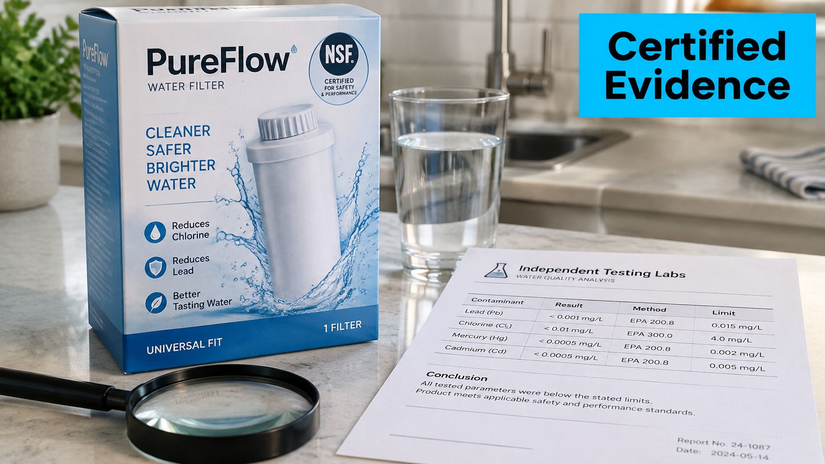 A PureFlow water filter box sitting next to a glass of water and a lab test report.