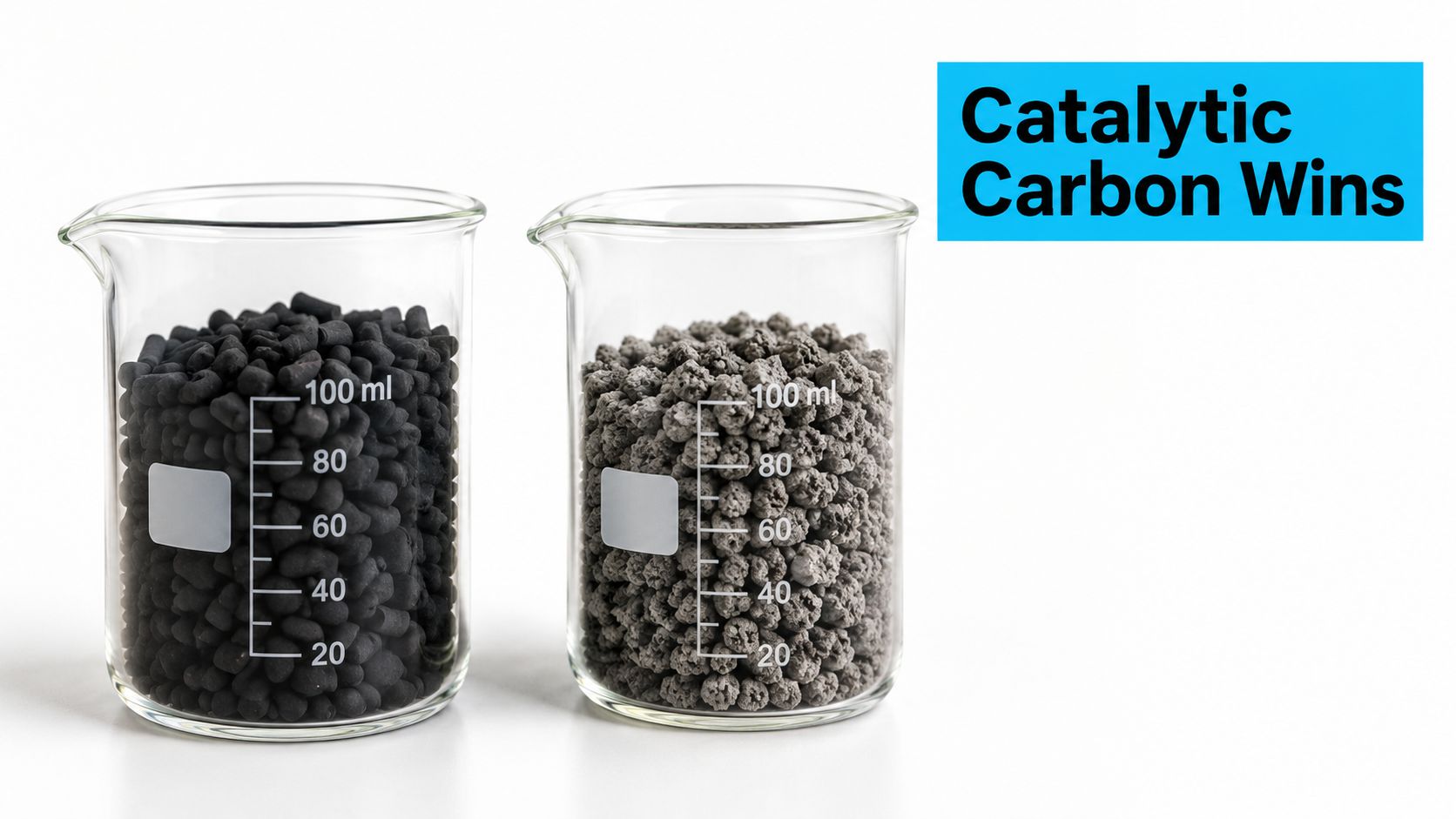 Two clear glass beakers filled with different types of black and grey granular activated carbon pellets.