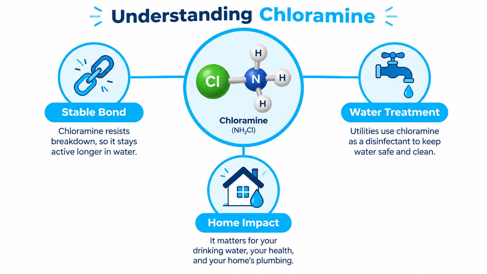 An infographic titled Understanding Chloramine explaining its stable bond, use in water treatment, and home impact.