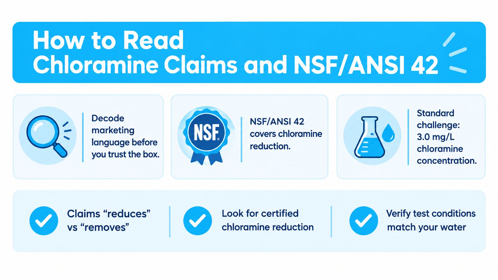 An infographic explaining how to verify chloramine reduction claims on water filter packaging using NSF/ANSI standards.