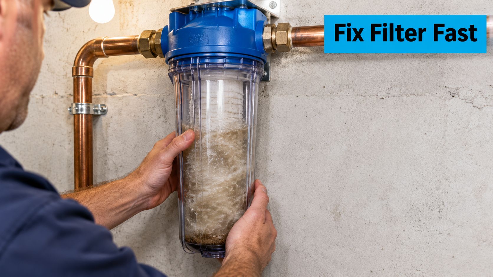 A plumber installing a clear water filter housing on a wall-mounted well water filtration system.
