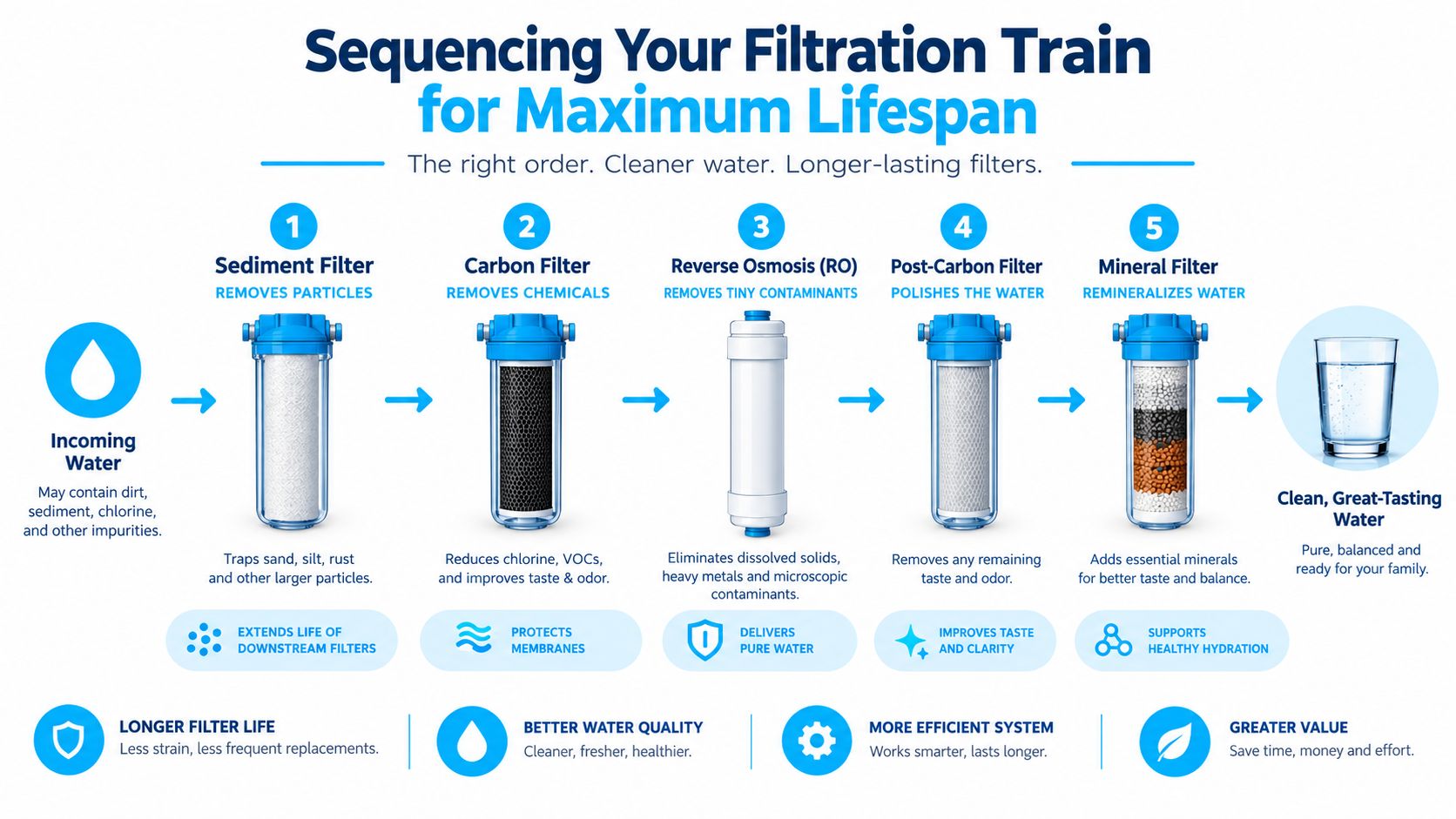 A diagram illustrating the five-stage water filtration sequence for well water systems for maximum filter longevity.