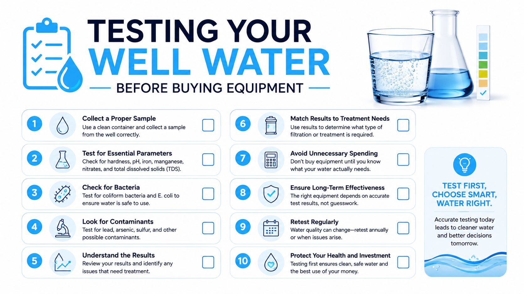An infographic titled Testing Your Well Water Before Buying Equipment, featuring a ten-step guide for homeowners.