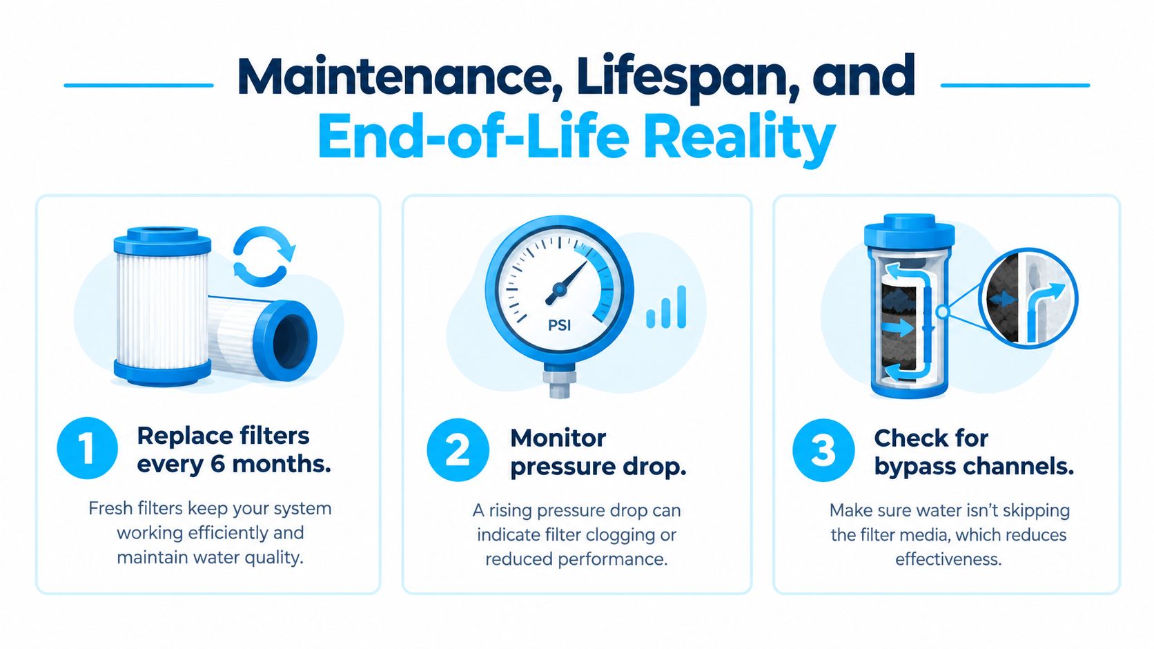 An infographic showing three steps to maintain water filters, including replacing them and monitoring pressure drops.