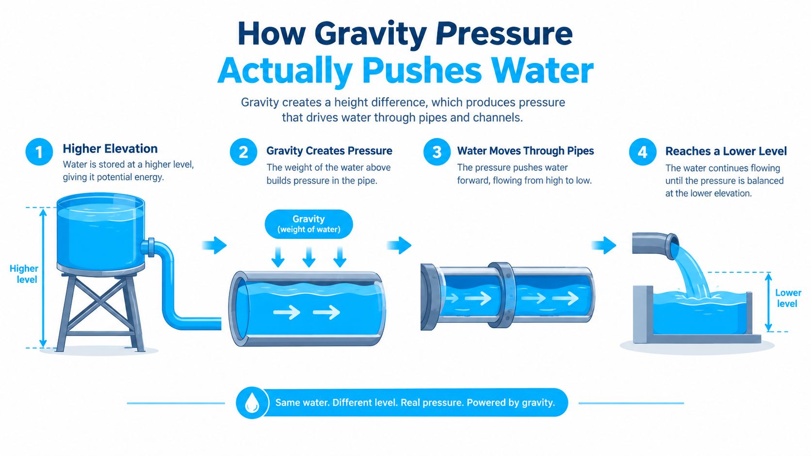 A diagram explaining how gravity creates water pressure by moving water from a higher to lower elevation.