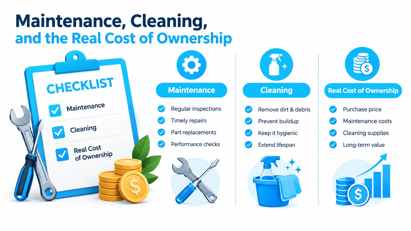 An infographic titled Maintenance, Cleaning, and the Real Cost of Ownership featuring a checklist and icons.