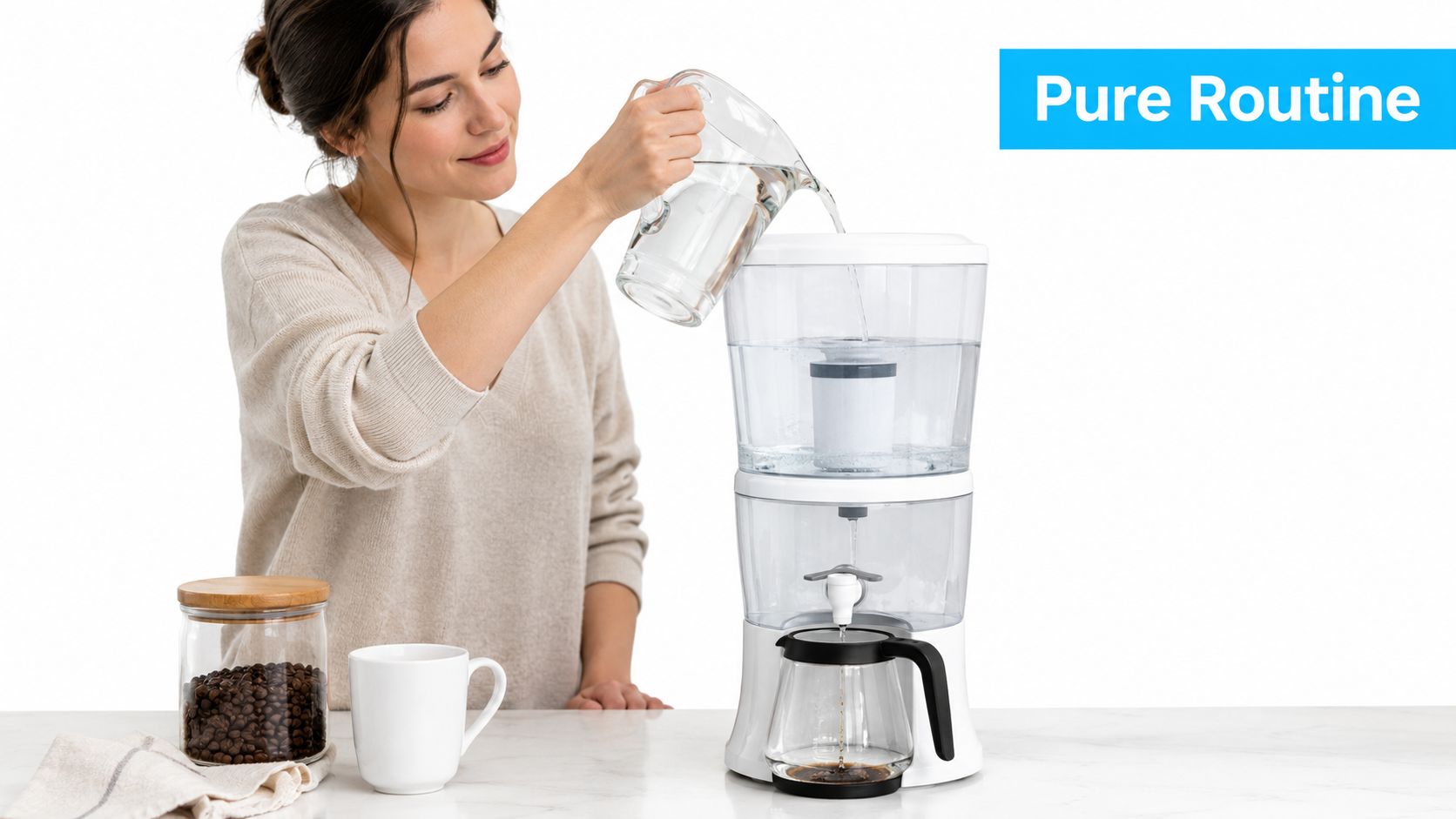 A woman pouring water into a multi-stage gravity water filter system on a white countertop.