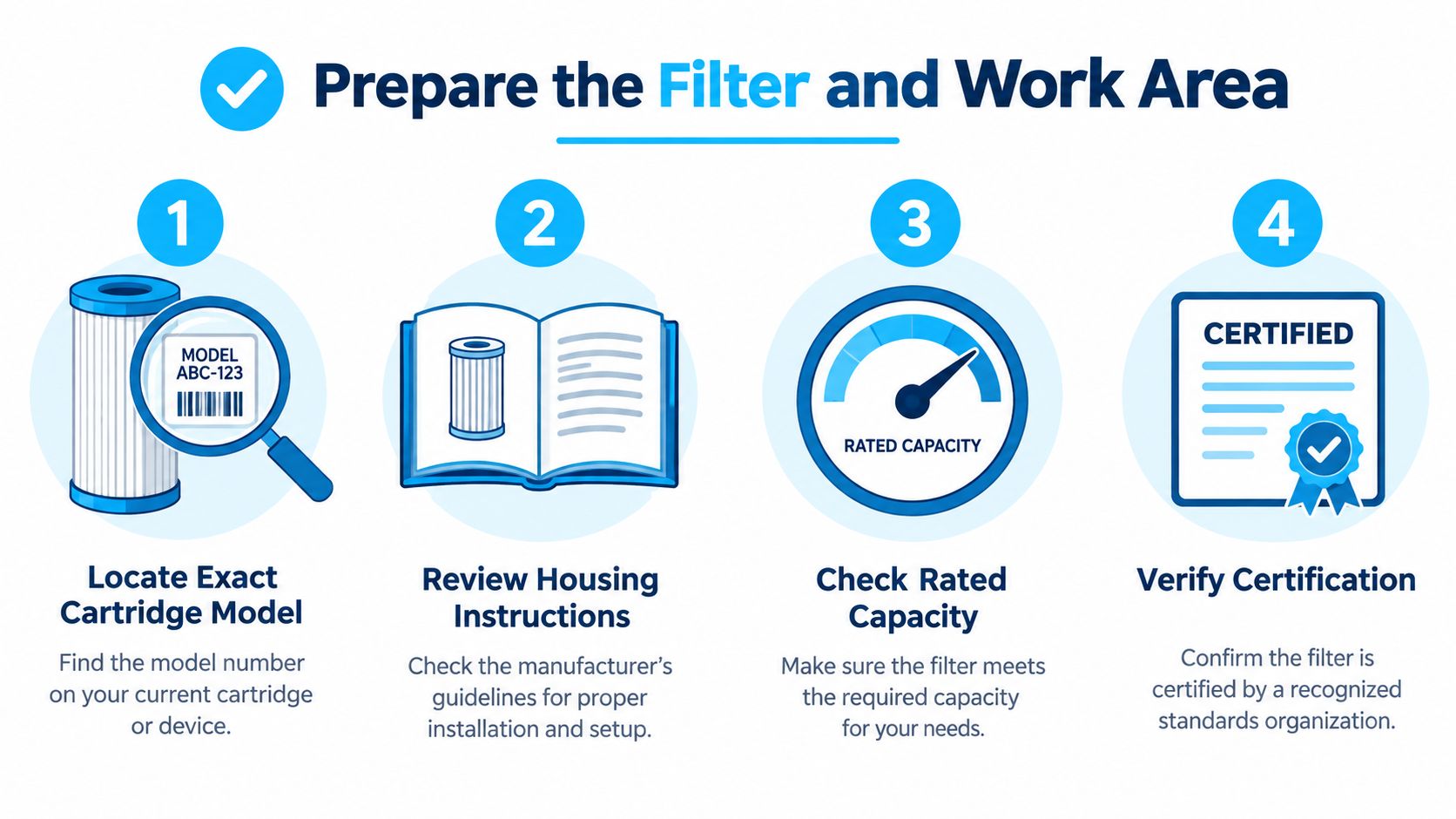 A four-step infographic illustrating how to prepare to replace an under-sink water filter cartridge.