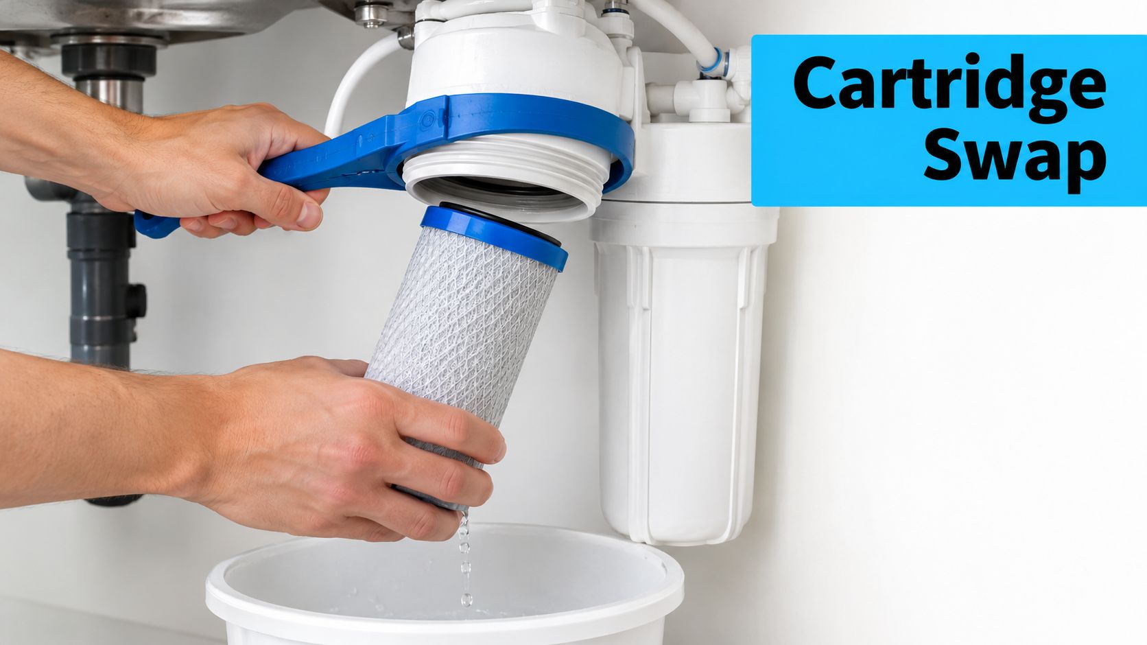 A pair of hands removes a used water filter cartridge from an under-sink filtration system over a bucket.