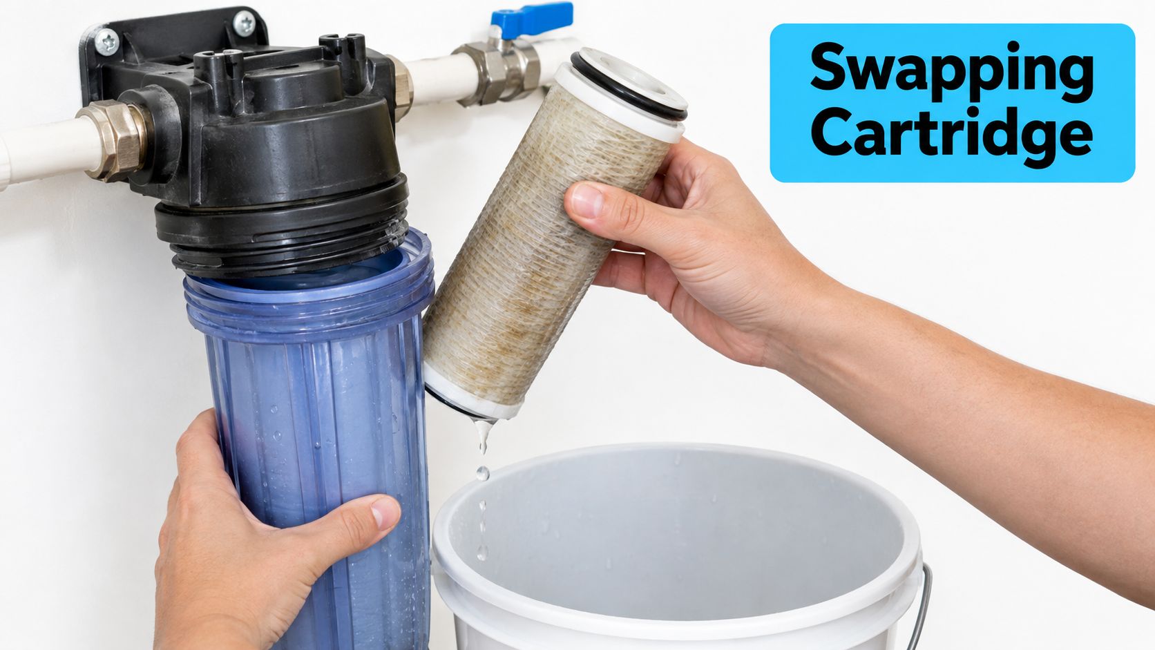 A person holding a dirty water filter cartridge over a white bucket while performing maintenance.