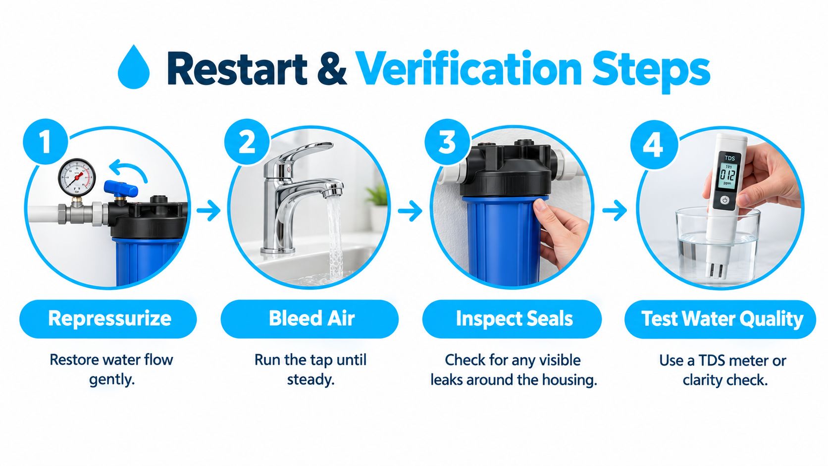 A four-step instructional infographic showing how to restart and verify a well water filtration system.