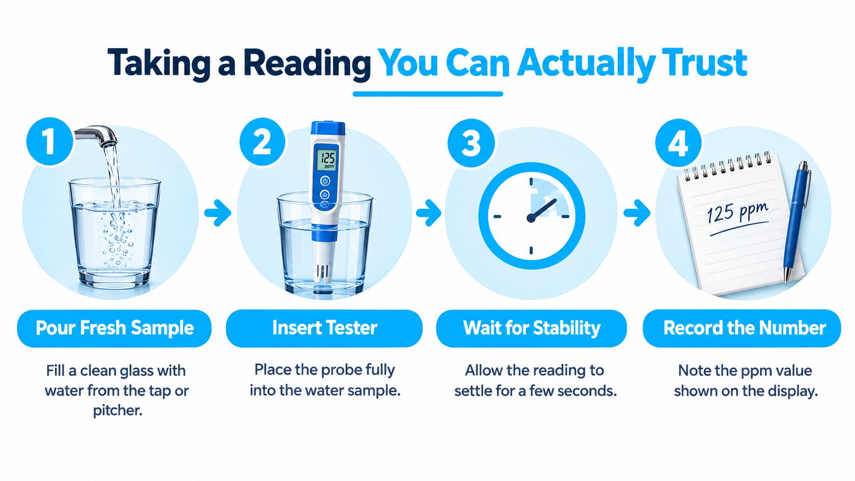 A four-step infographic showing how to test water quality using a handheld digital ppm meter device.