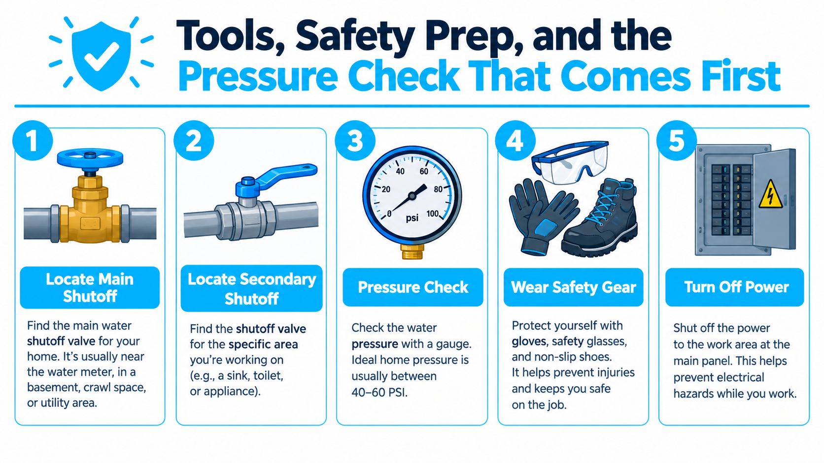 A numbered infographic detailing five essential safety and preparation steps for home plumbing maintenance and repairs.
