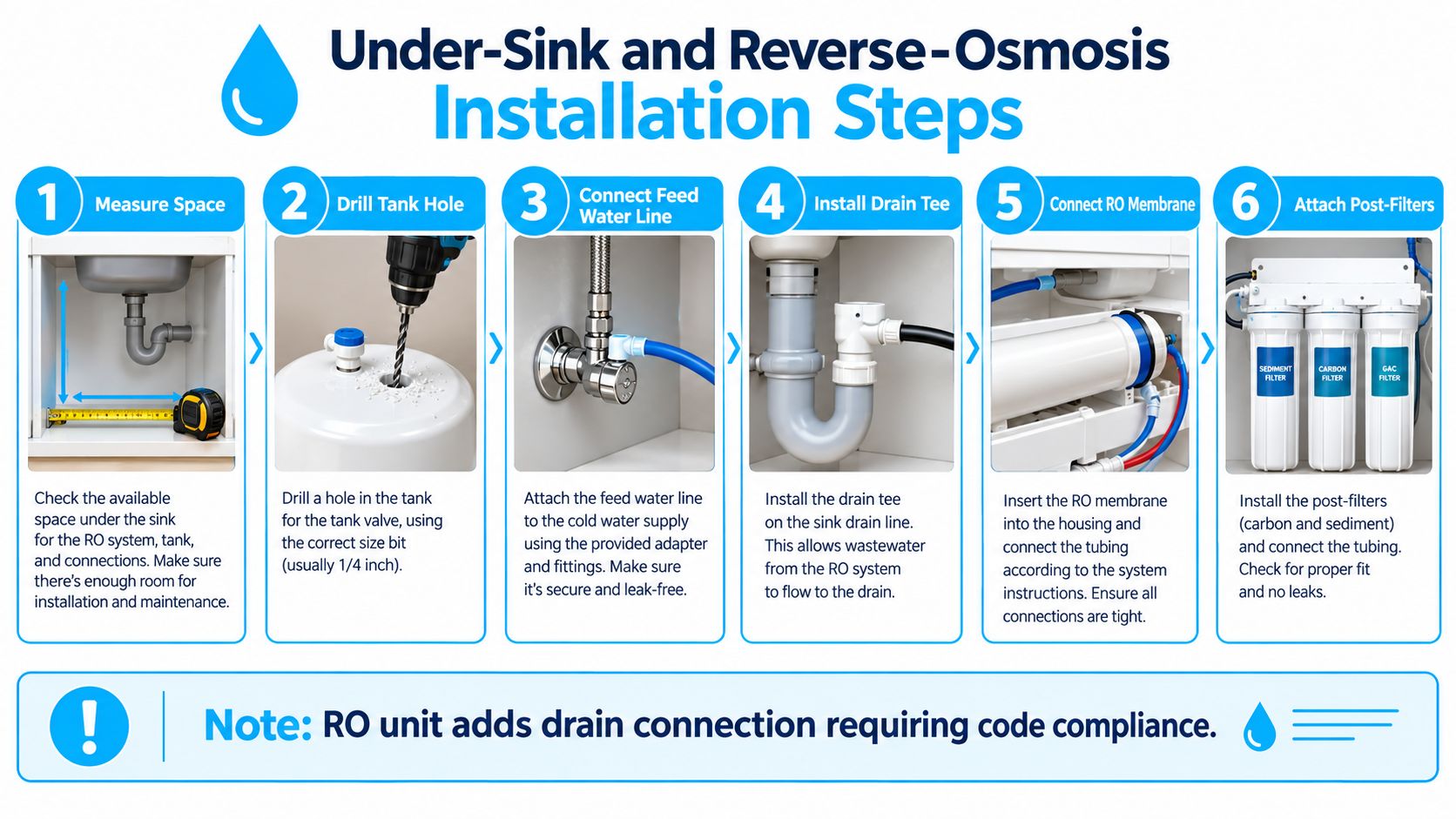 A six-step instructional infographic detailing the process for installing an under-sink reverse osmosis water filtration system.