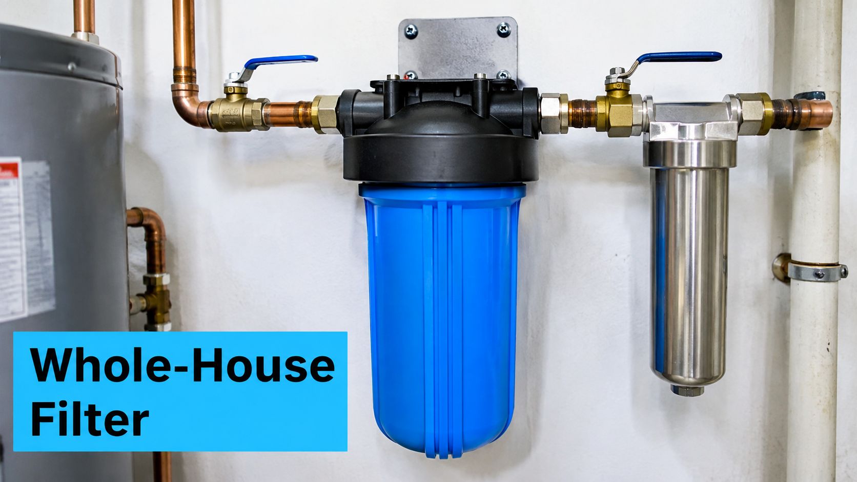 A professional water filtration system for a home mounted on a light-colored wall beside a water heater.