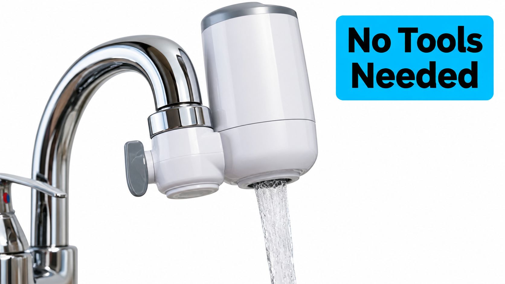 A close-up view of a faucet-mounted water filter system with a bright blue label text overlay.