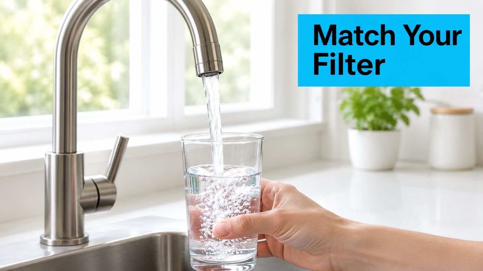 A person holding a glass while filling it with clear, running water from a stainless steel kitchen faucet.