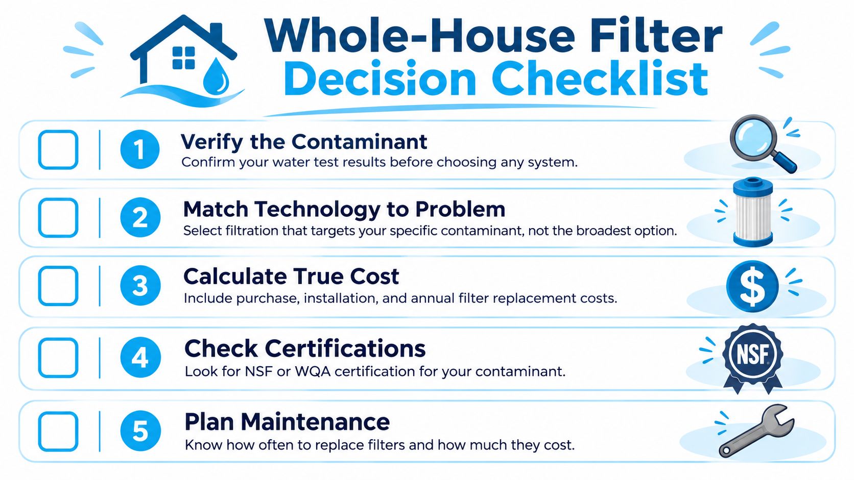 A five step checklist for choosing a whole house water filtration system for your home.